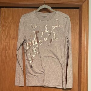 Lands' End Tan Long Sleeve Tee with Gold Reindeer Design size M
